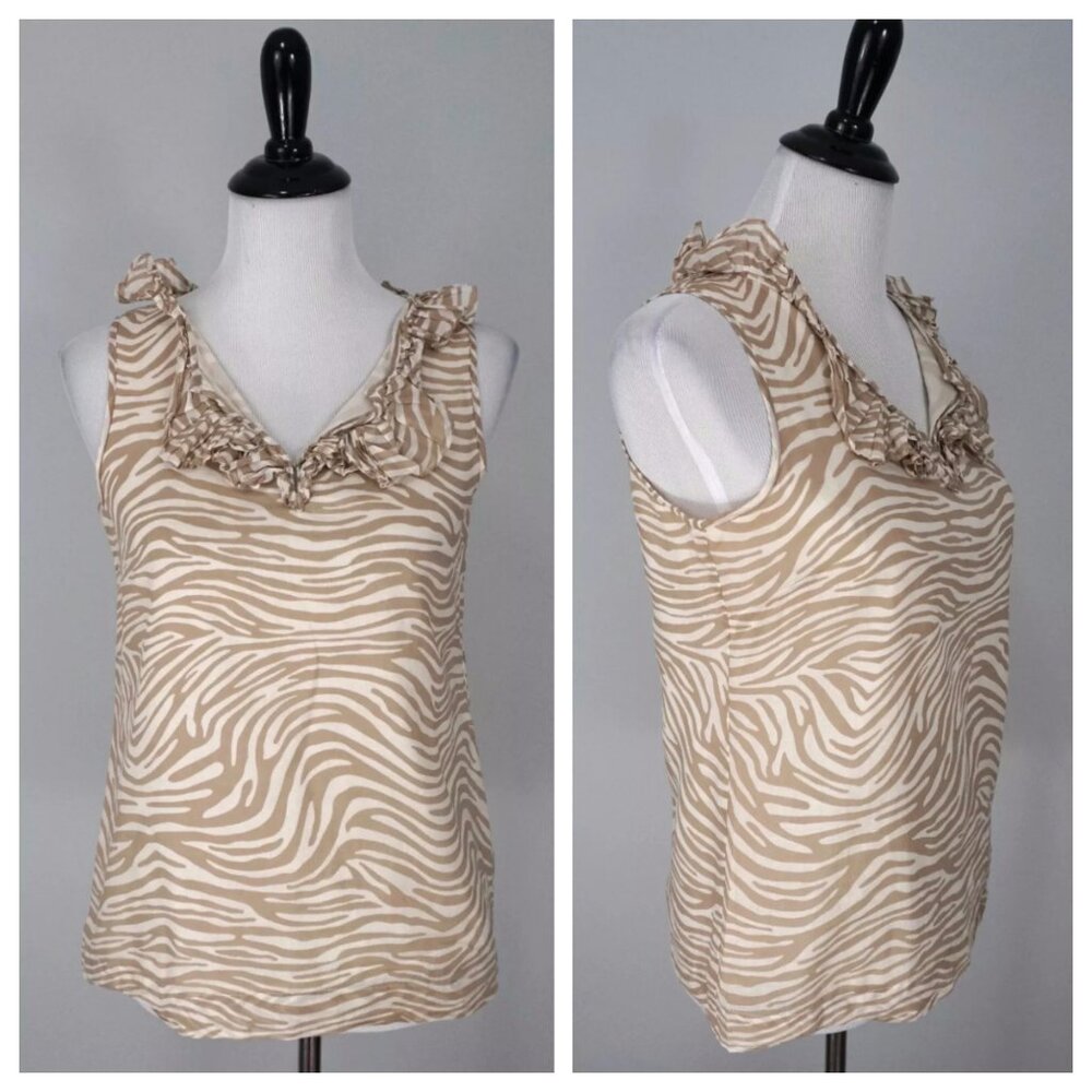 TALBOTS Tan Ruffle V-Neck Sleeveless Zebra Blouse Top Shirt Size P Petite